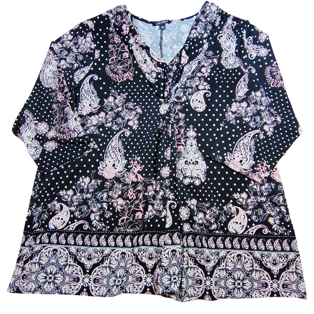 JOZ‎ & ALI Black Pink Paisley Floral Print Twist Neck 3X Top Plus Size